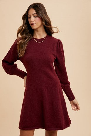 Burgundy Long Puff Sleeve Sweater Mini Dress