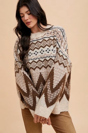 Mocha Fairisle Loose Fit Sweater Top