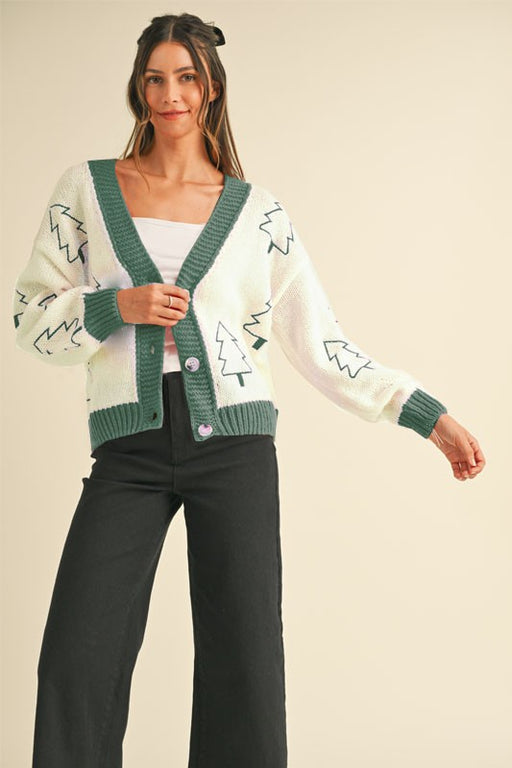 Ivory & Green Tree Embroidered Cardigan