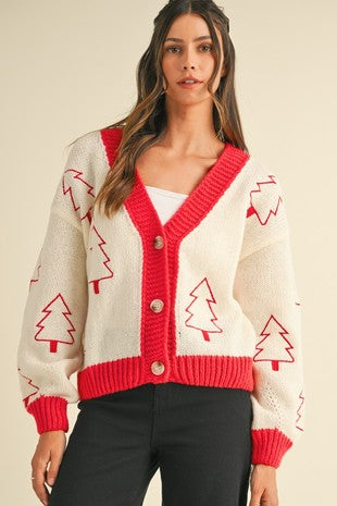 Ivory & Red Tree Embroidered Contrast Sweater Cardigan