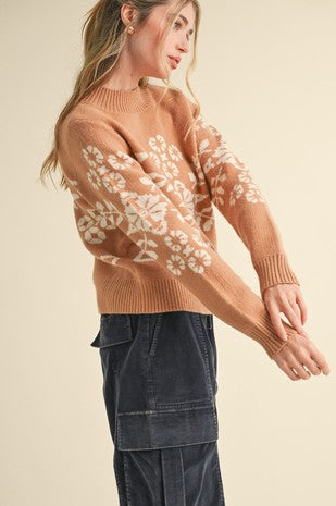 Red Mock Neck Floral Sweater