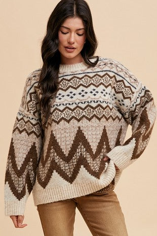 Mocha Fairisle Loose Fit Sweater Top