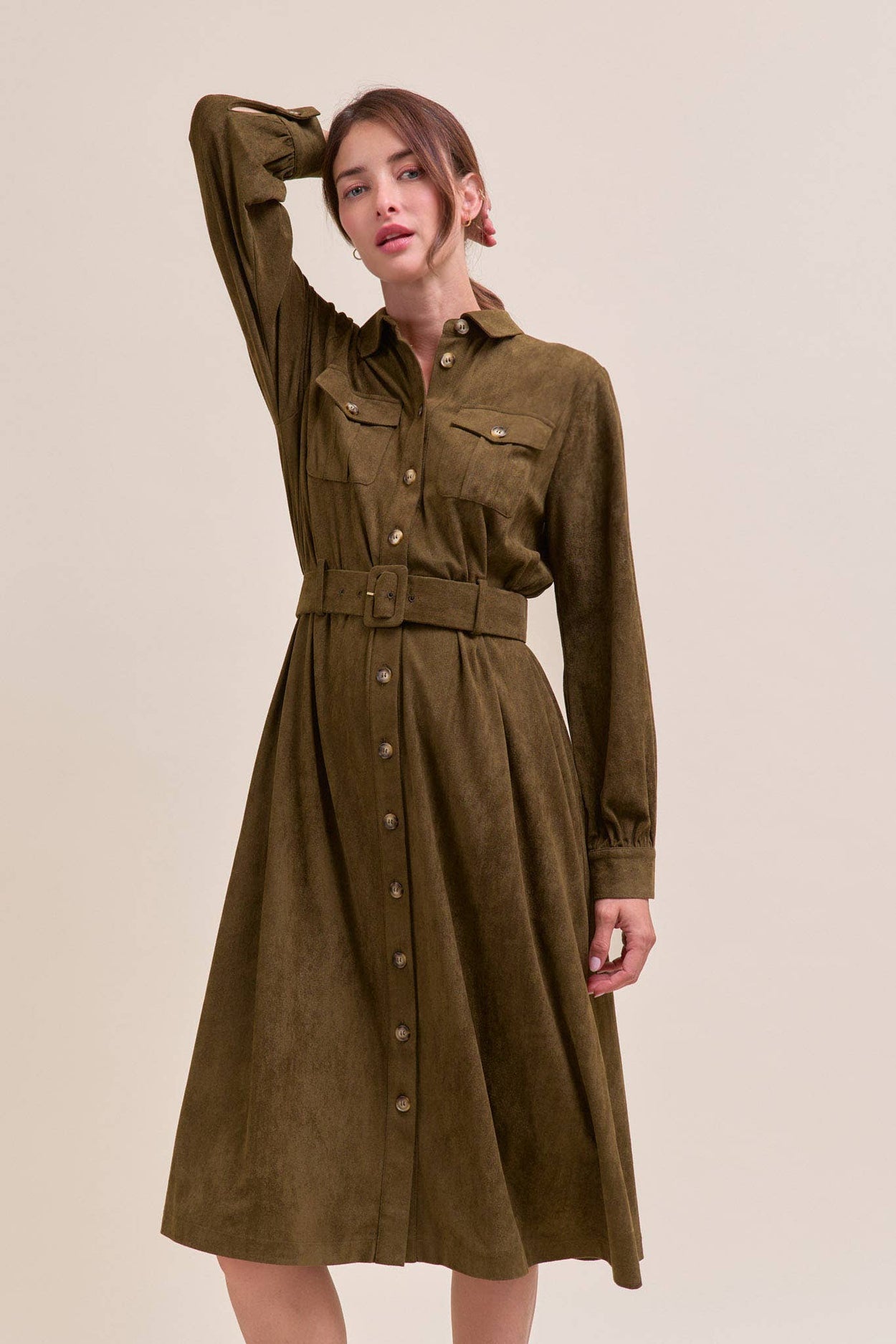 Olive Suede Shirt Dress