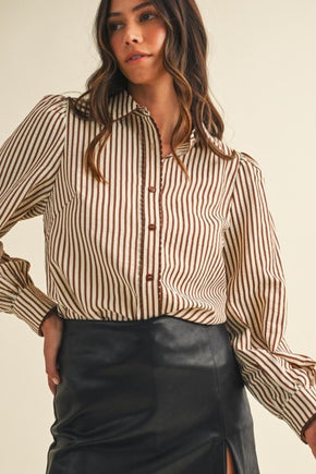 Ivory & Mocha Detail Puff Sleeve Blouse