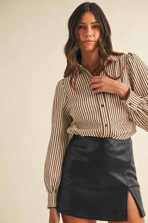 Ivory & Mocha Detail Puff Sleeve Blouse