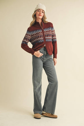 Cocoa Brown Fair Isle Zip Up Sweater