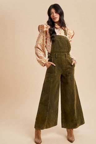 Olive Corduroy Mineral Washed Wide Leg Overall