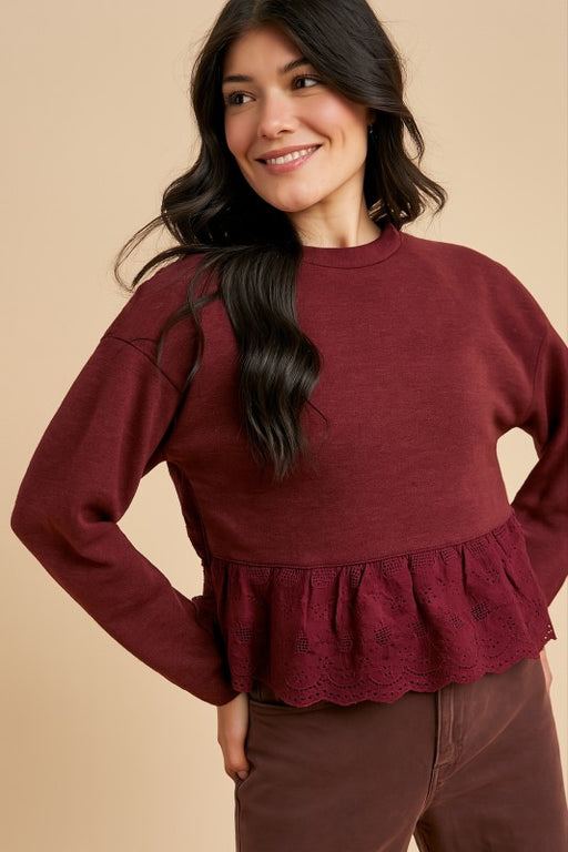 Burgundy Soft Fleece Eyelet Lace Knit Top