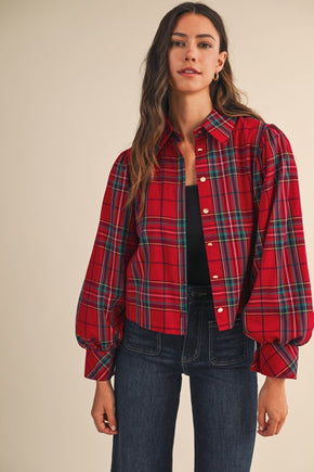 Red Christmas Tartan Check Volume Sleeve Blouse