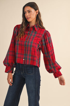 Red Christmas Tartan Check Volume Sleeve Blouse