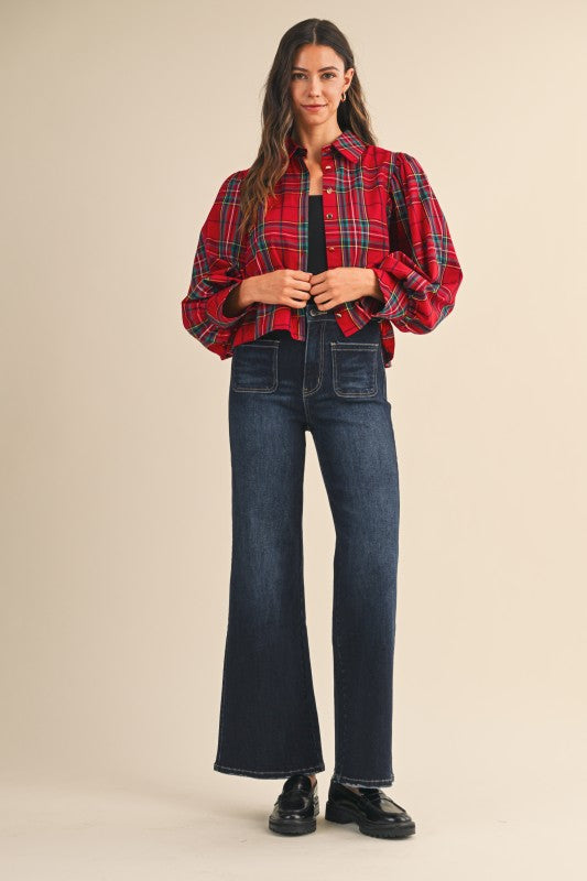 Red Christmas Tartan Check Volume Sleeve Blouse