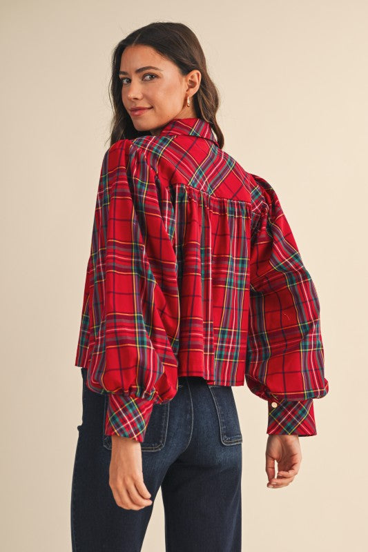 Red Christmas Tartan Check Volume Sleeve Blouse