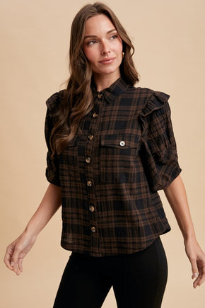Brown Plaid Ruffle Shoulder Button Down Shirt