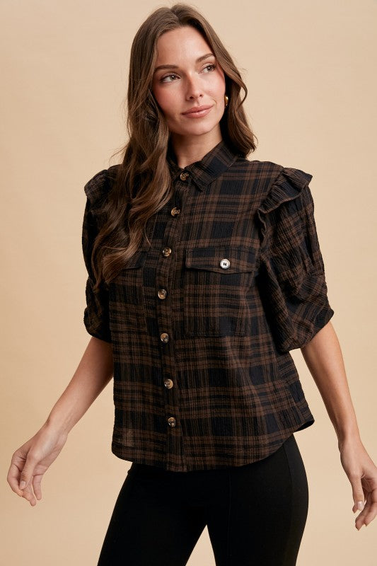 Brown Plaid Ruffle Shoulder Button Down Shirt