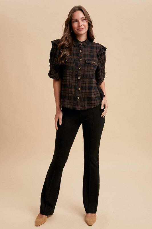Brown Plaid Ruffle Shoulder Button Down Shirt