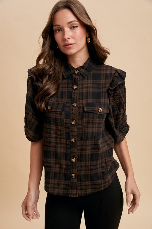 Brown Plaid Ruffle Shoulder Button Down Shirt