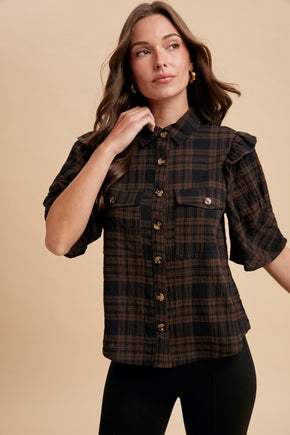 Brown Plaid Ruffle Shoulder Button Down Shirt