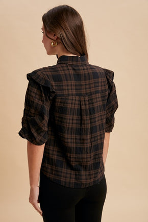 Brown Plaid Ruffle Shoulder Button Down Shirt