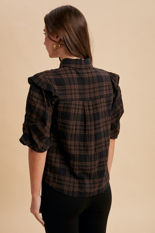 Brown Plaid Ruffle Shoulder Button Down Shirt