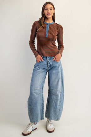 Cinnamon Snow Wash Two Tone Button Down Top