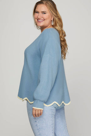 Plus Blue & Cream Scallop Hem Sweater