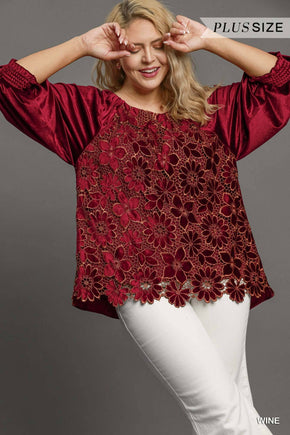 Wine Plus Floral Lace Velvet Top