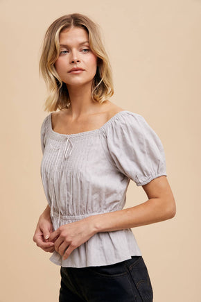 Stonewash Pin Tuck Peplum Peasant Blouse