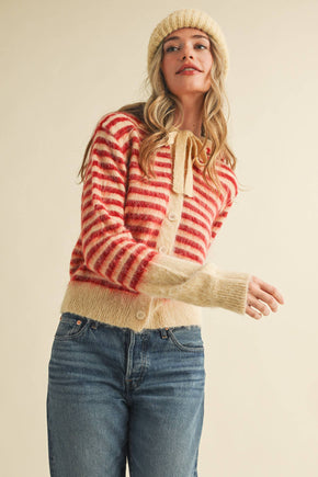 Cream Red Striped Hoodie Sweater Cardigan