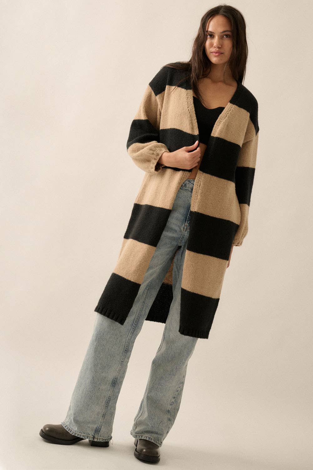 Black & Taupe Striped Duster Cardigan