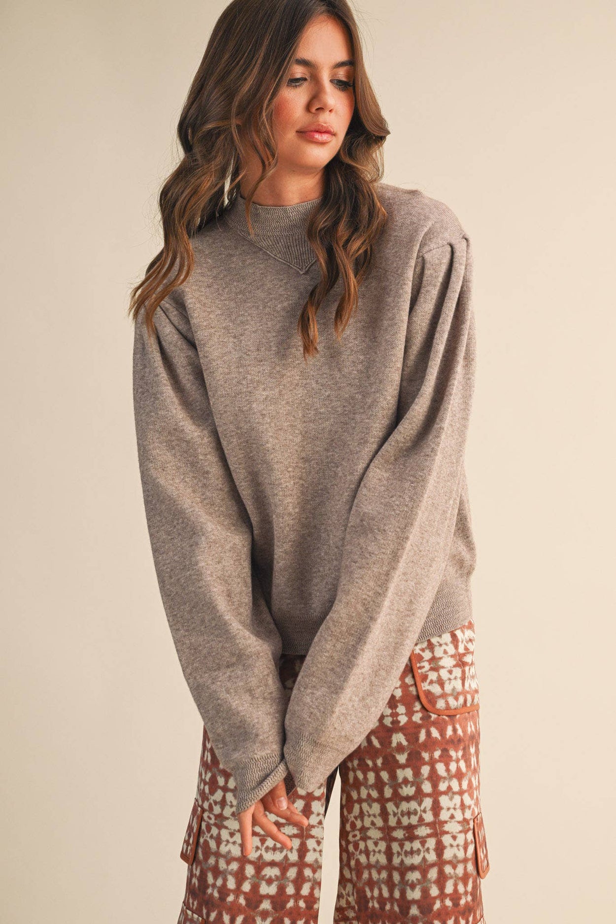 Mocha Mock Neck Puff Sleeve Sweater