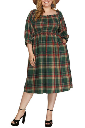 Plus Green Checker Woven Midi Dress