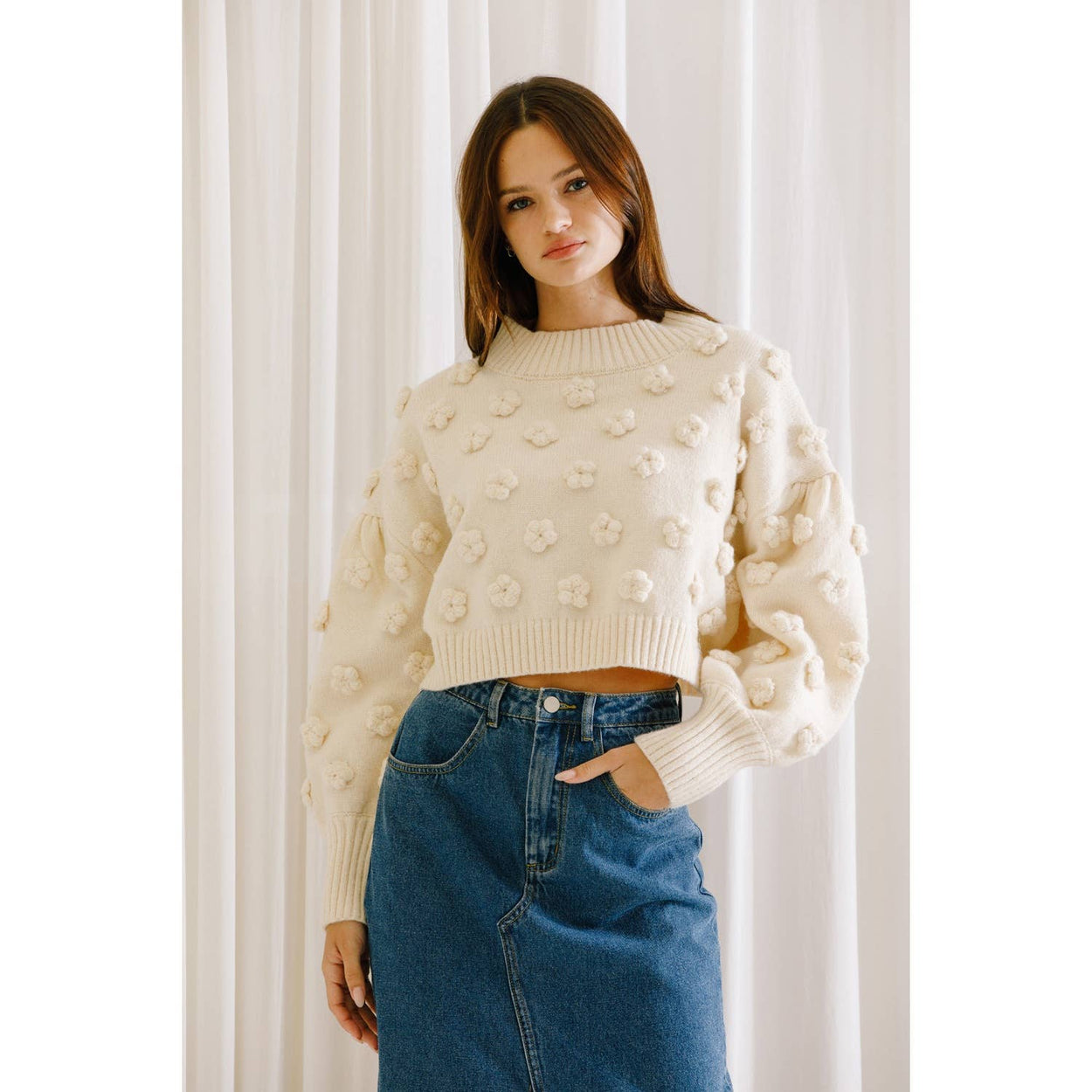 Cream Pom Pom Daisy Cropped Sweater