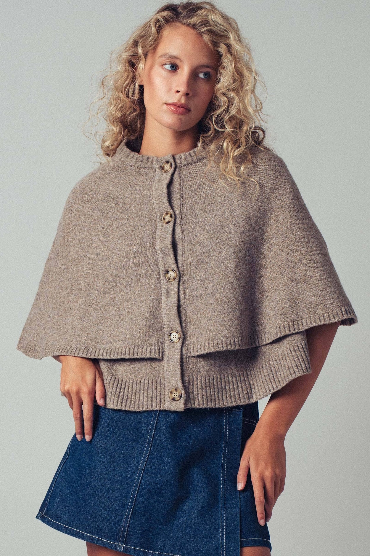 Mocha Wool Blend Button-Front Sweater Cape