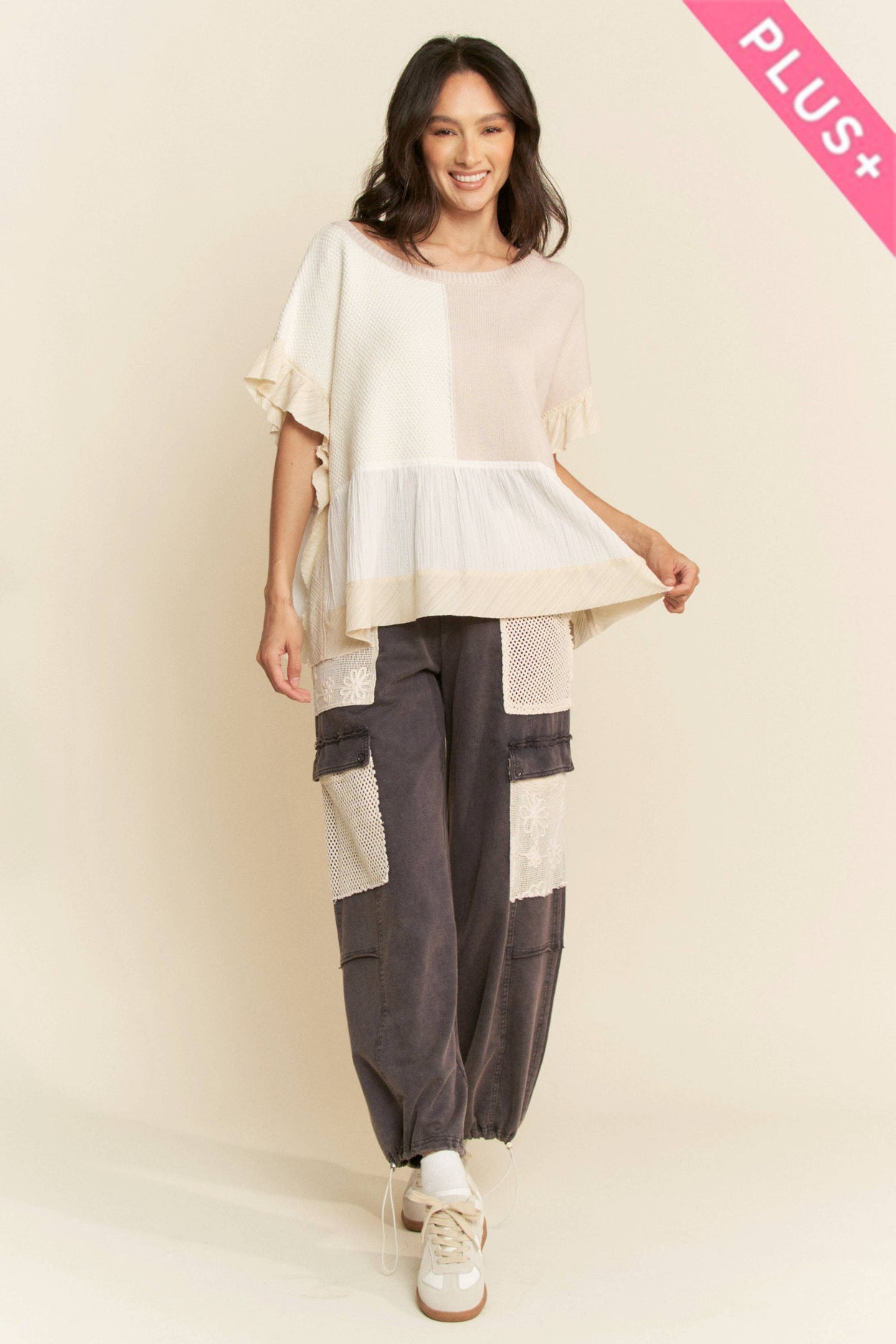 Plus Natural Mix Patchwork Sweater Top