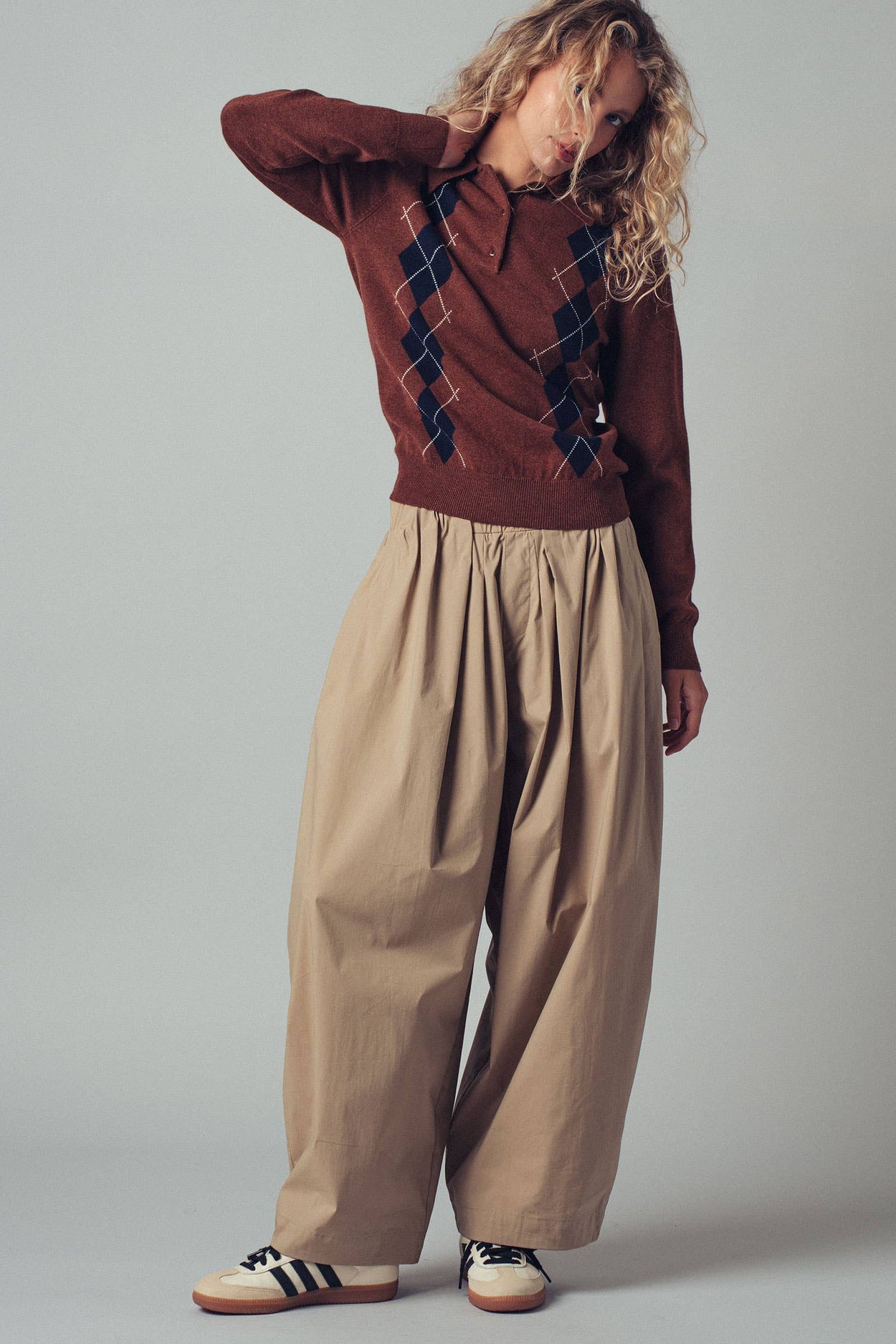 Brown Classic Argyle Knit Polo Sweater