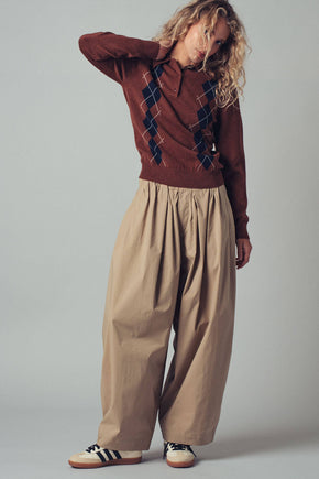 Brown Classic Argyle Knit Polo Sweater