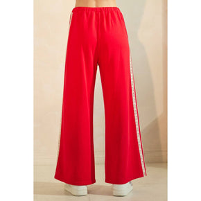 Red Lace Striped Elastic Waist Terry Sweatpants