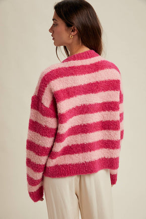 Pink Brushed Striped Button Up Cardigan