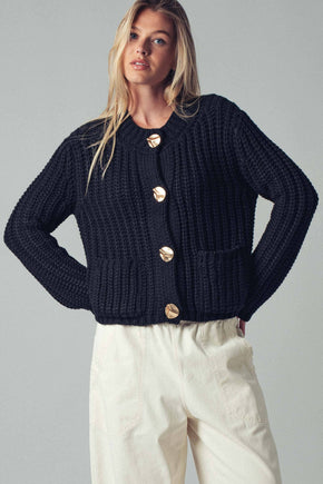 Black Chunky Gold Button Ribbed Knit Cardigan