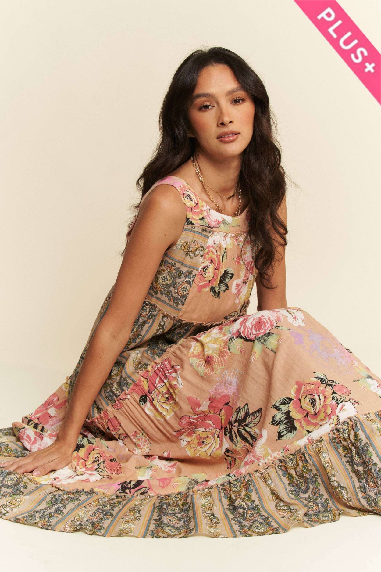 Plus Floral Boho Mixed Stripe Maxi Dress