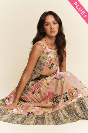 Plus Floral Boho Mixed Stripe Maxi Dress