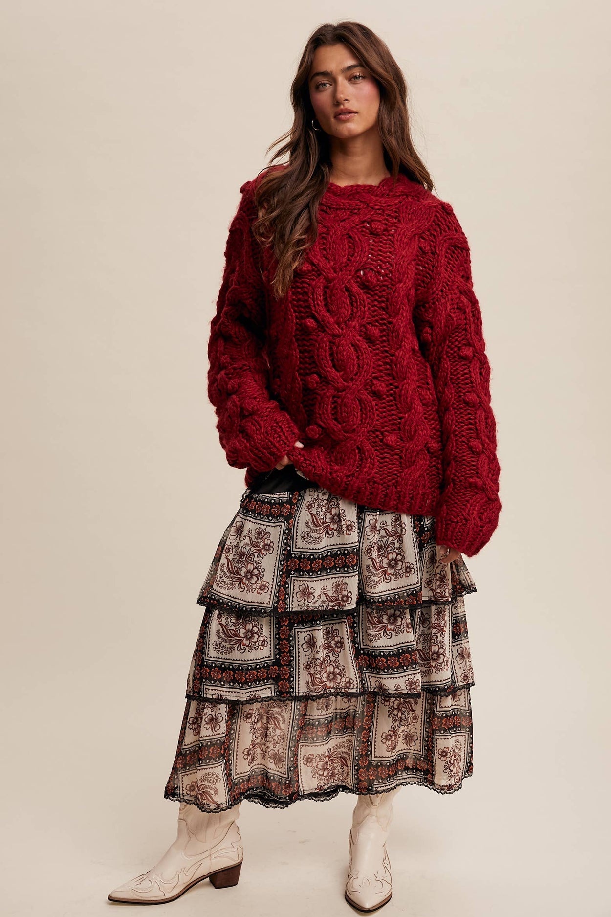 Red Chunky Cable Knit Sweater