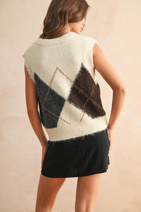 Cream Argyle Pattern Sweater Vest