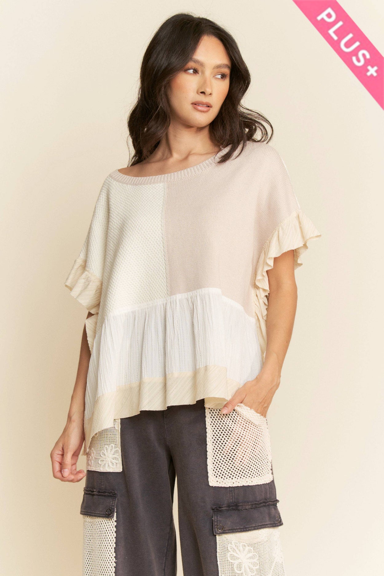 Plus Natural Mix Patchwork Sweater Top