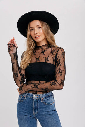 Black Floral Embroidery Lace Mesh Layering Top