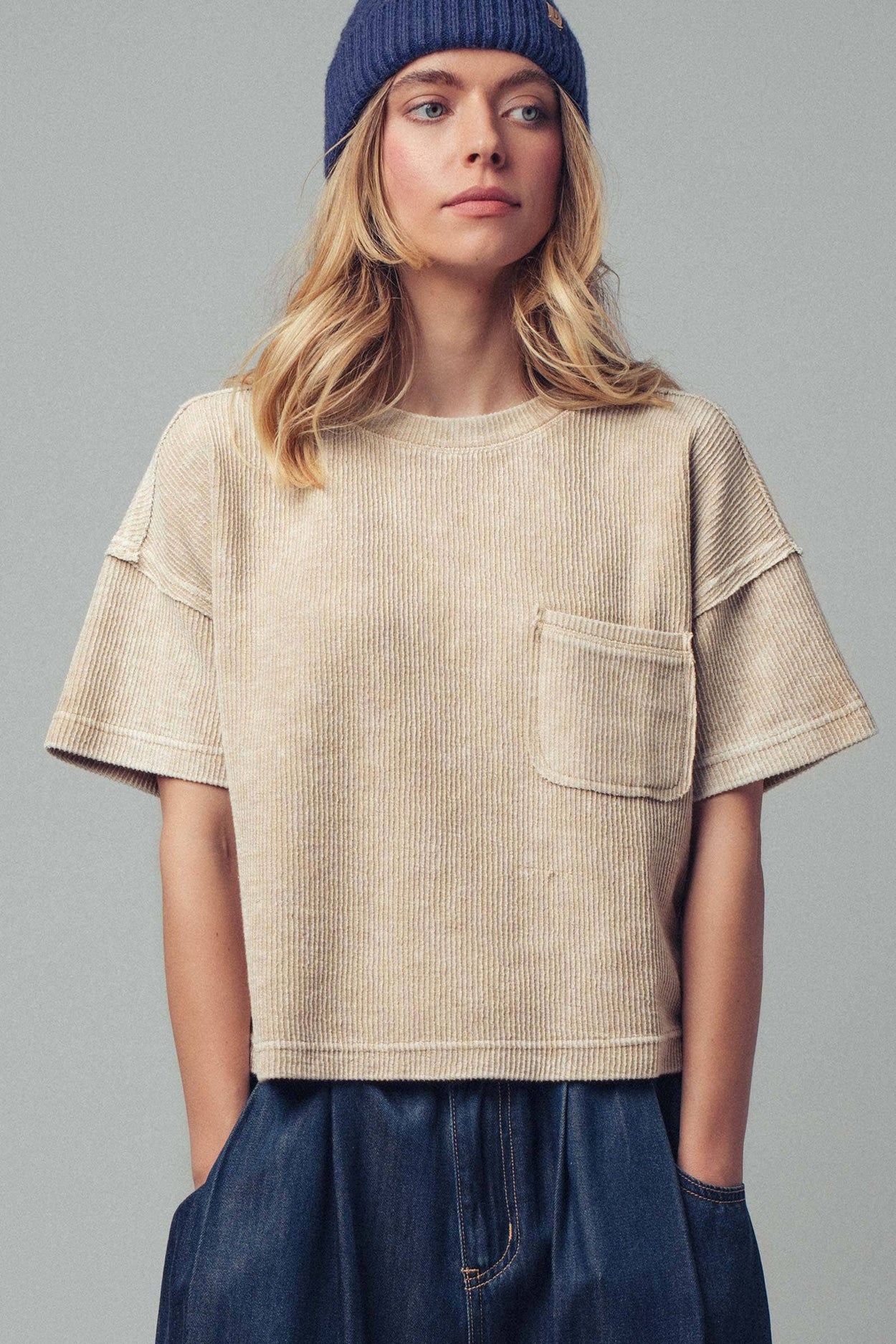 Khaki Boxy Corduroy Pocket T-Shirt