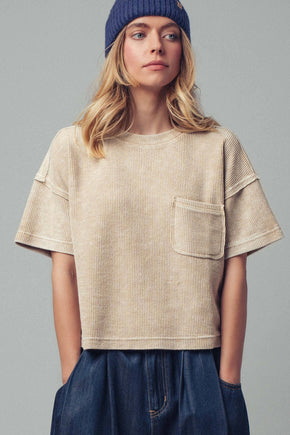 Khaki Boxy Corduroy Pocket T-Shirt