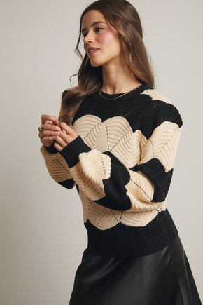 Black Wave Knit Chevron Pullover
