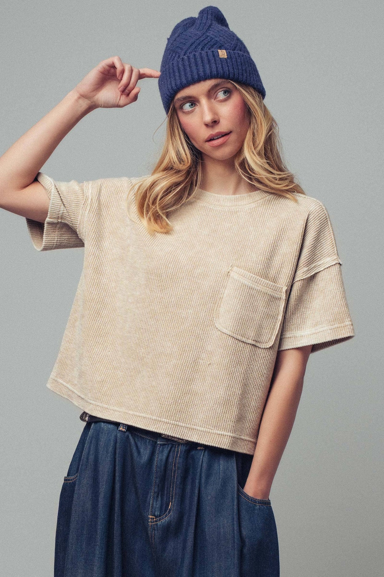 Khaki Boxy Corduroy Pocket T-Shirt