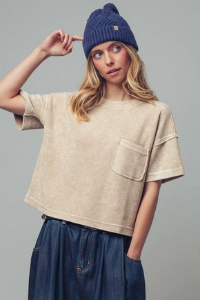 Khaki Boxy Corduroy Pocket T-Shirt